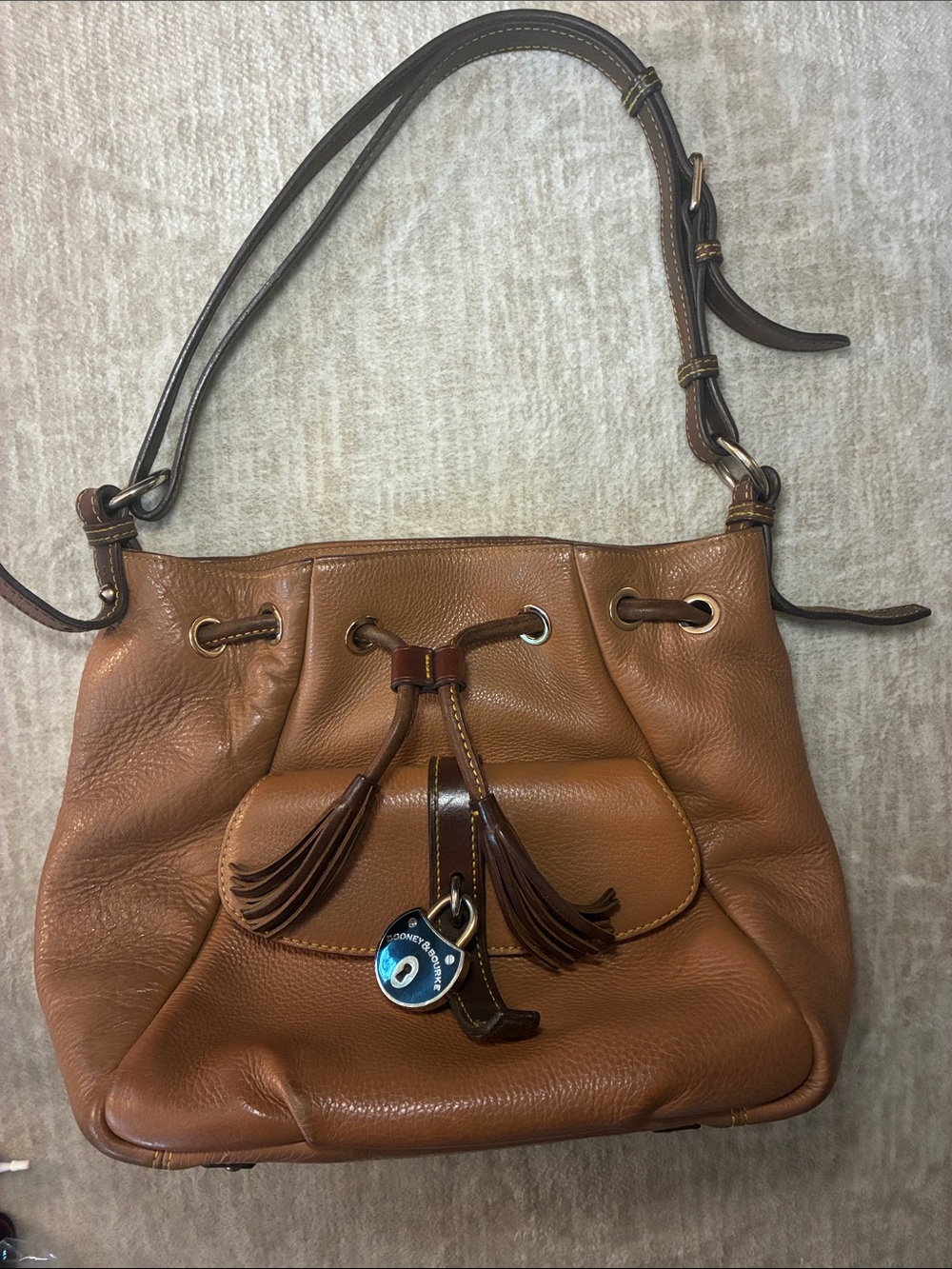 Dooney & Bourke Tan/Brown Leather Drawstring Shoulder Bag with Tassels